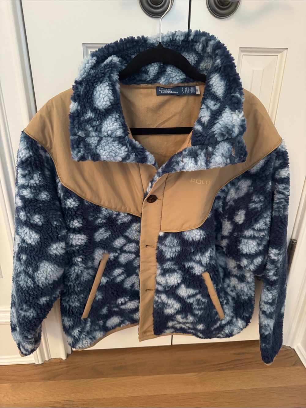 Ralph Lauren Navy and Tan Patterned Sherpa Teddy Jacket